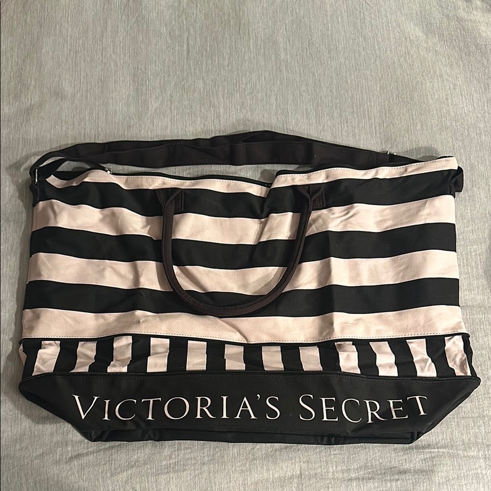 Victoria's Secret Black and Light Pink Striped Tote Bag